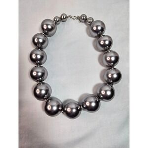 VTG Chunky Silver Gray High Gloss Acrylic Bead Necklace Statement 1980s 1990s